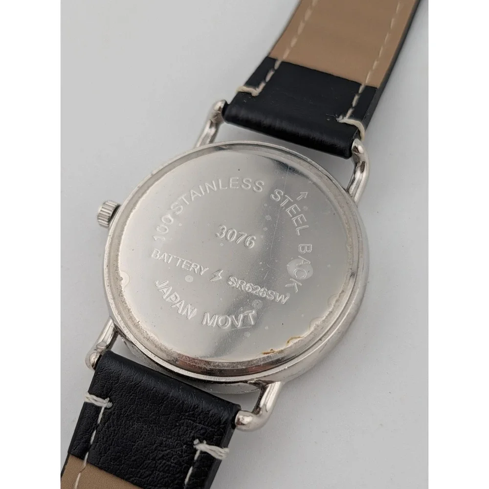 Men's Quartz Watch 42mm Silver Case Black Faux Leather Band- New Battery
